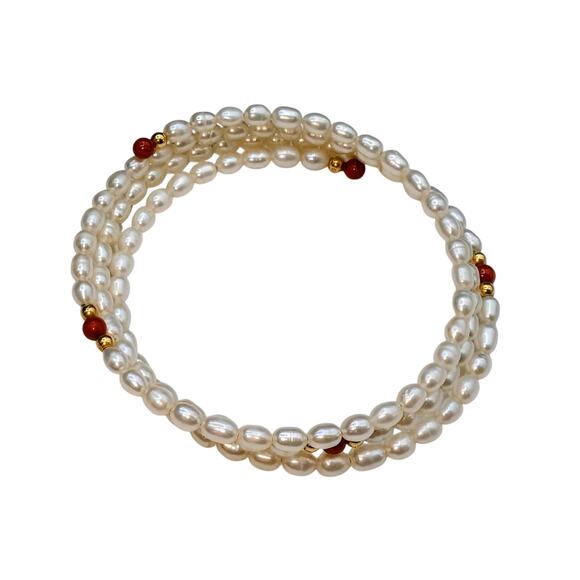 14K Gold Accent Carnelian Bead Cultured Freshwater Pearl Coiled Wire Bracelet - Picture 3 of 6